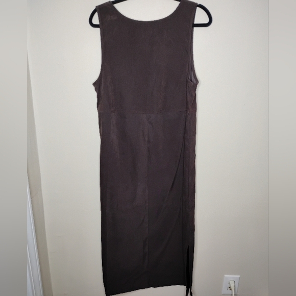 True Blue Faux Suede Jumper Maxi Dress M Brown Embroidered Leaves Pockets - Picture 5 of 8